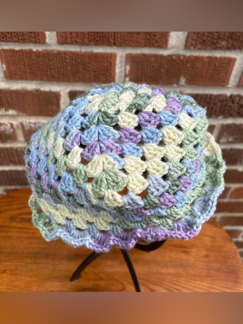 Handmade Pastel Crochet Granny Bucket Hat With Purple Ruffles Bonnet